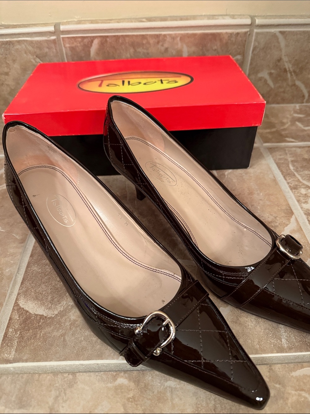 Brown patented leather heels